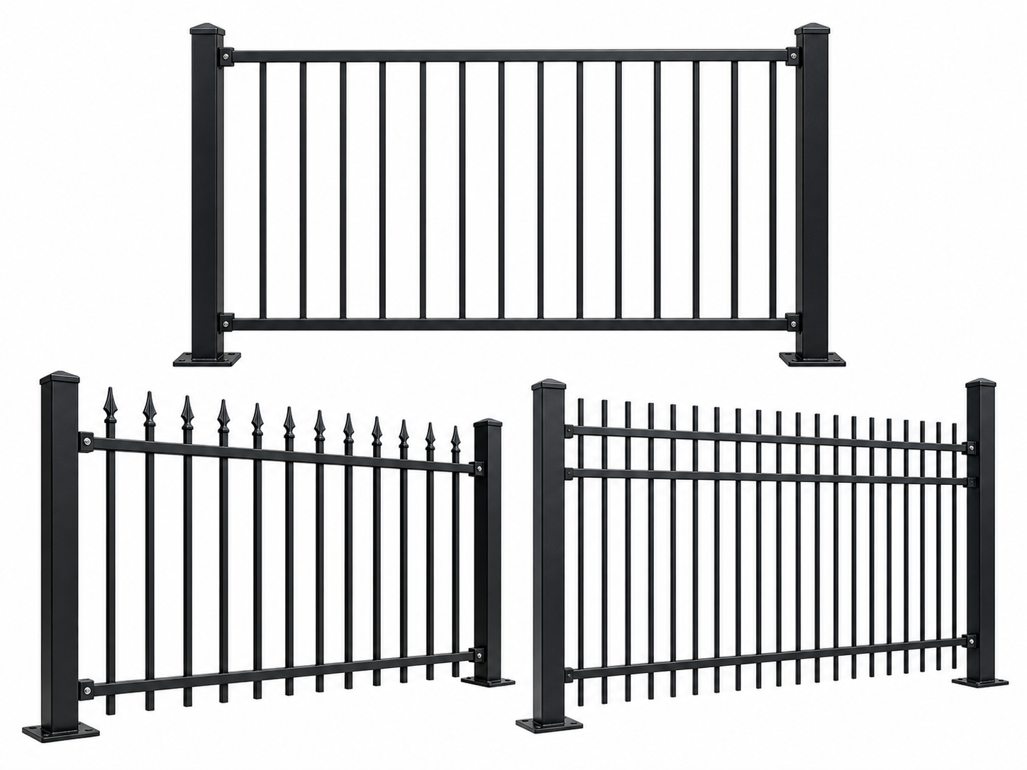 Steel fence panels with flat top and spear top styles