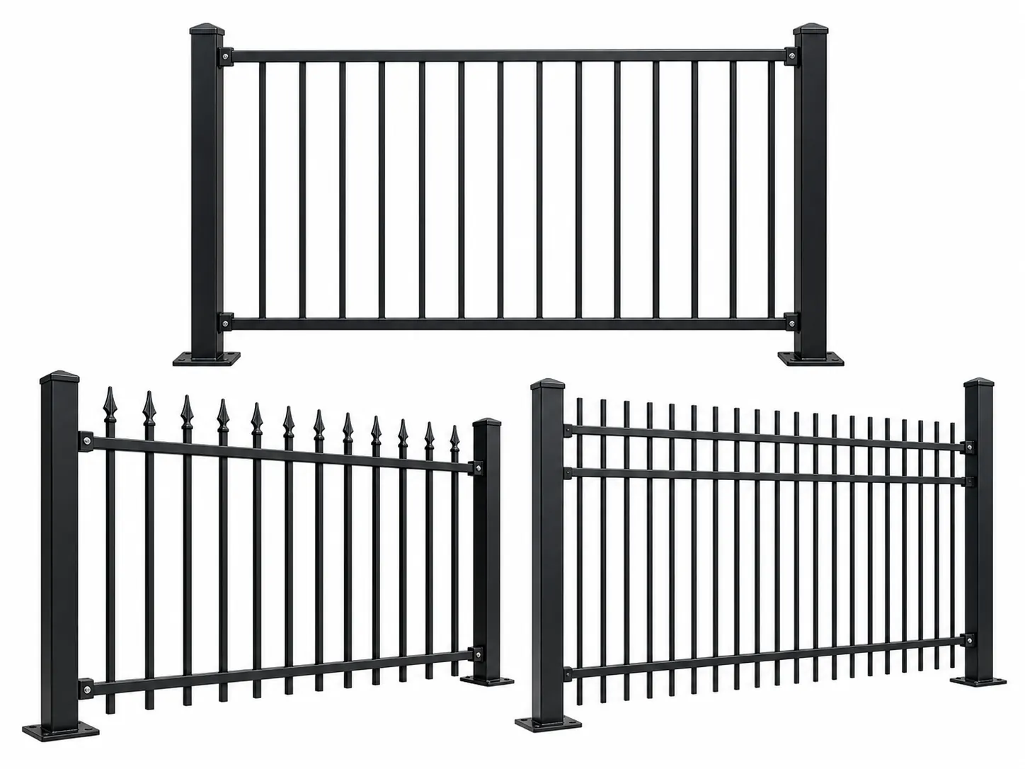 Flat top steel fence panel system showing posts, rails, vertical pickets and base plates