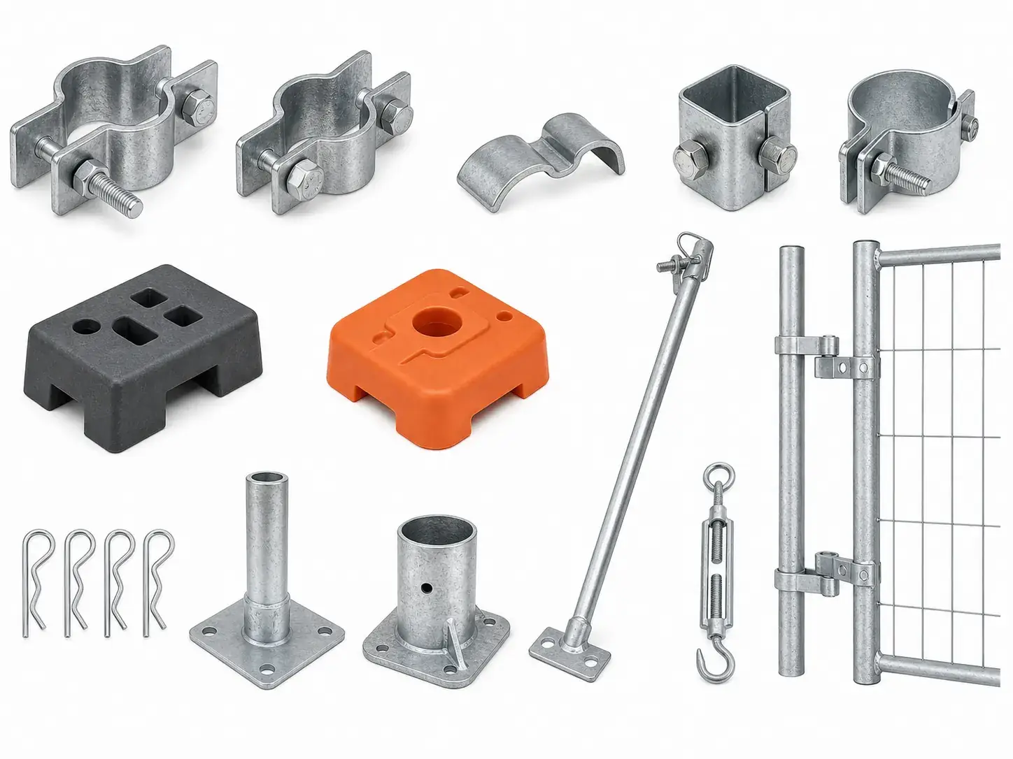 Temporary fence bases, clamps and stabilizers for construction site installation