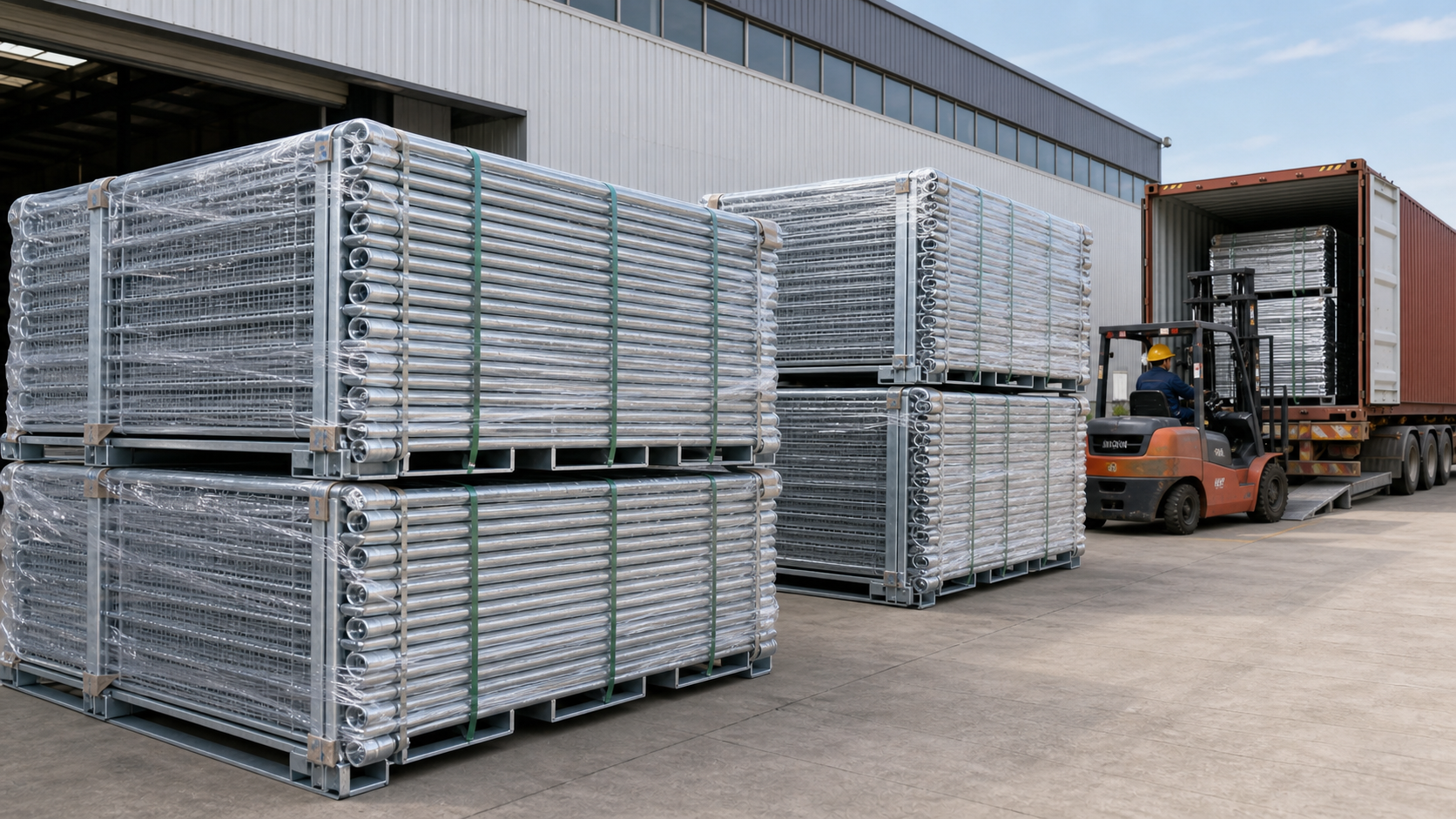 Temporary fence panels stacked on pallets for export packing and container loading
