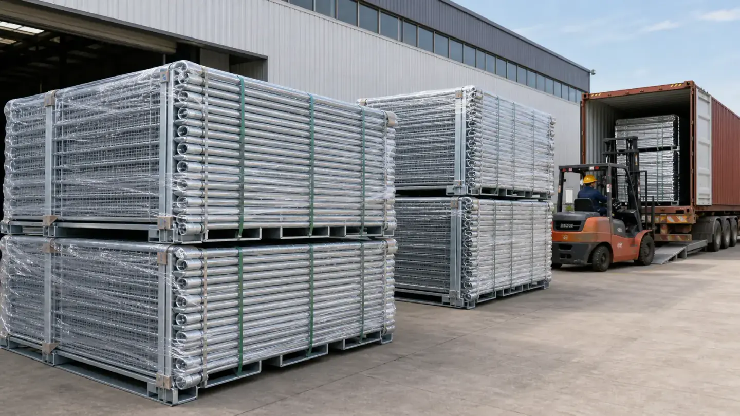 Temporary fence panels packed on steel pallets for export delivery
