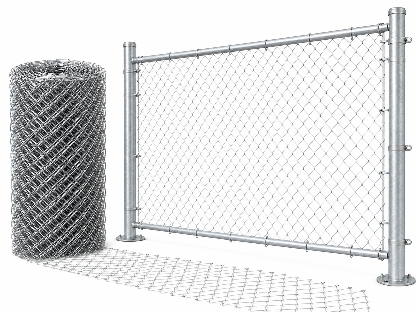 Galvanized chain link fence roll and installed fence section