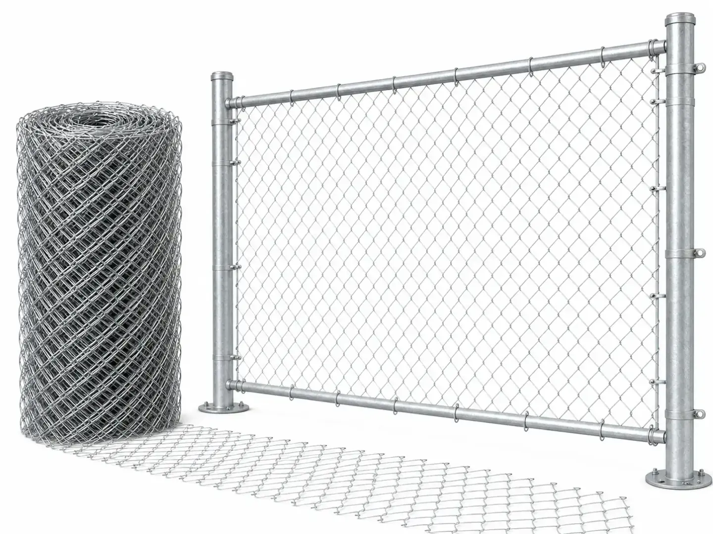 Galvanized chain link fence roll and installed fence section