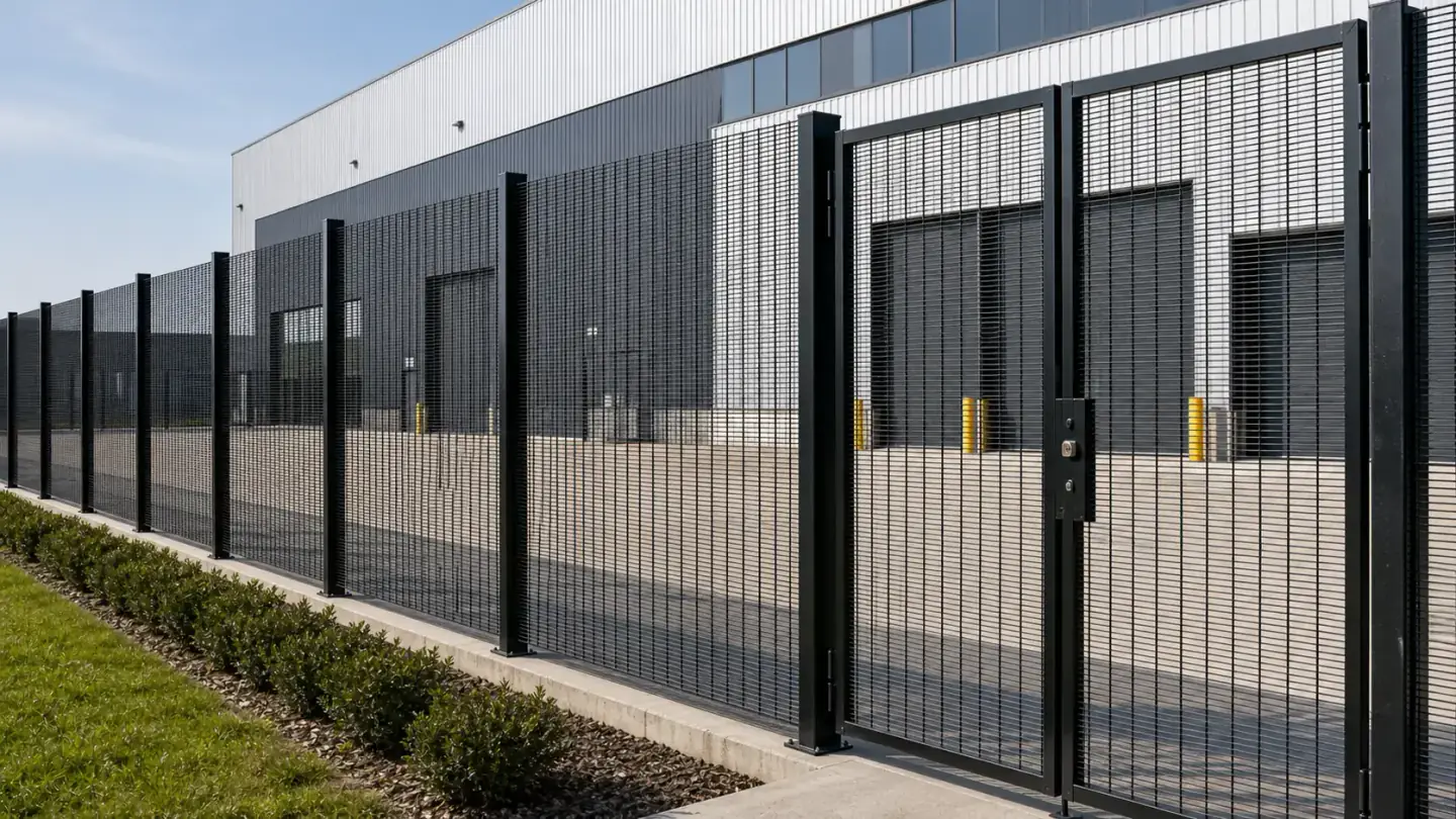 High security wire mesh fence around a commercial facility