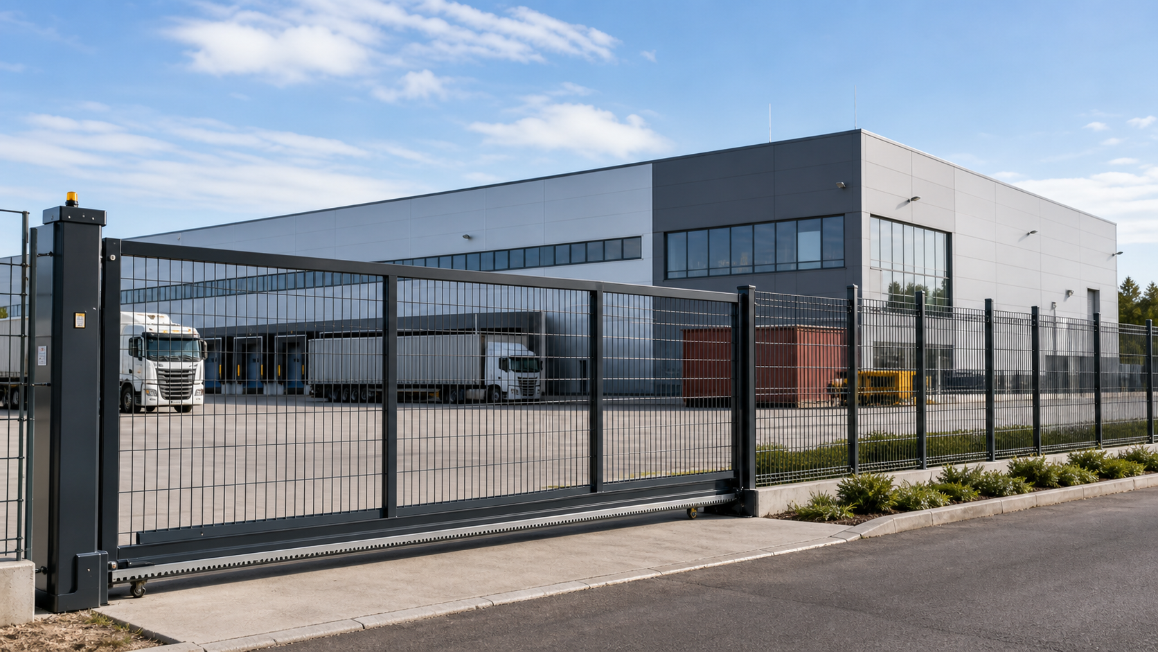 Wire mesh fence and gate around a factory perimeter