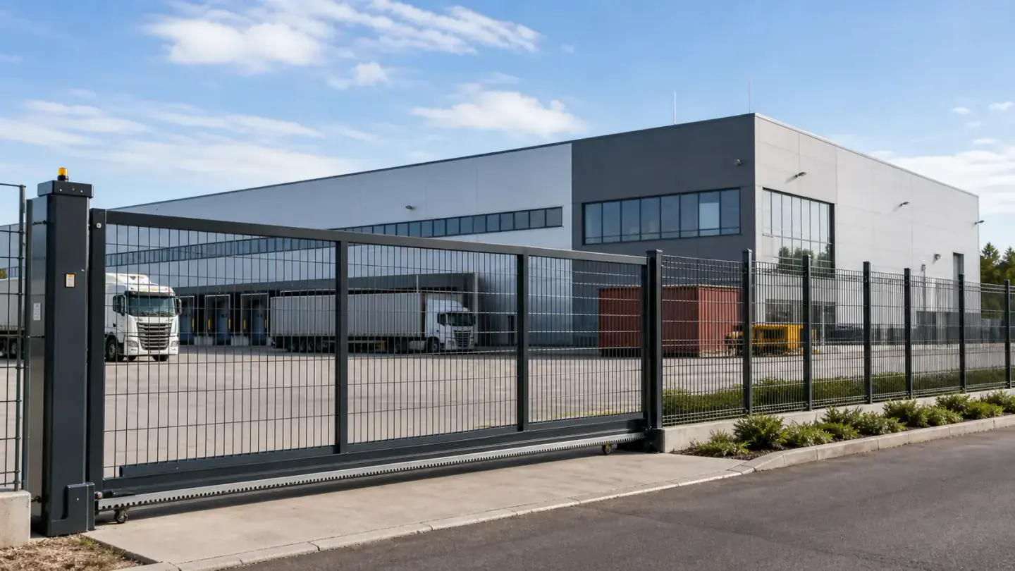 Wire mesh fence and gate around a factory perimeter