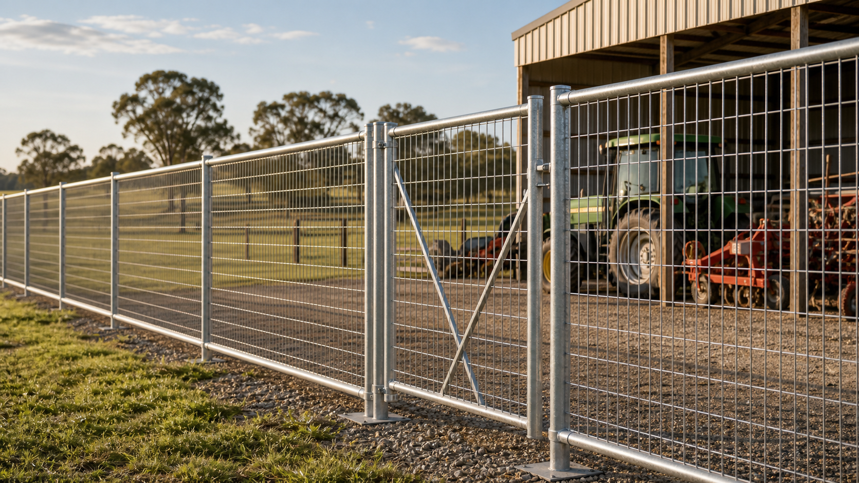 Chain link fence and wire mesh fence around a farm field