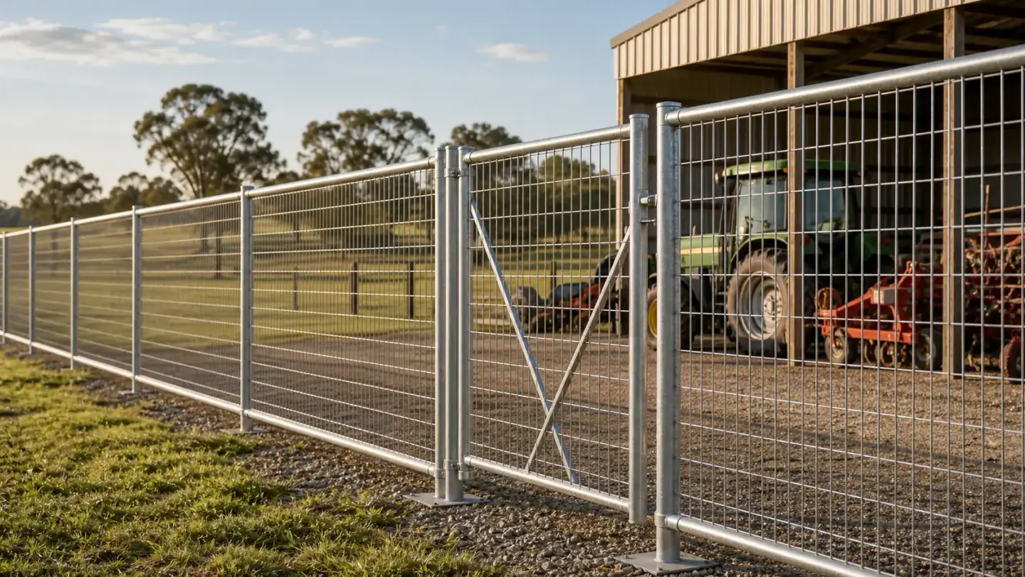Chain link fence and wire mesh fence around a farm field