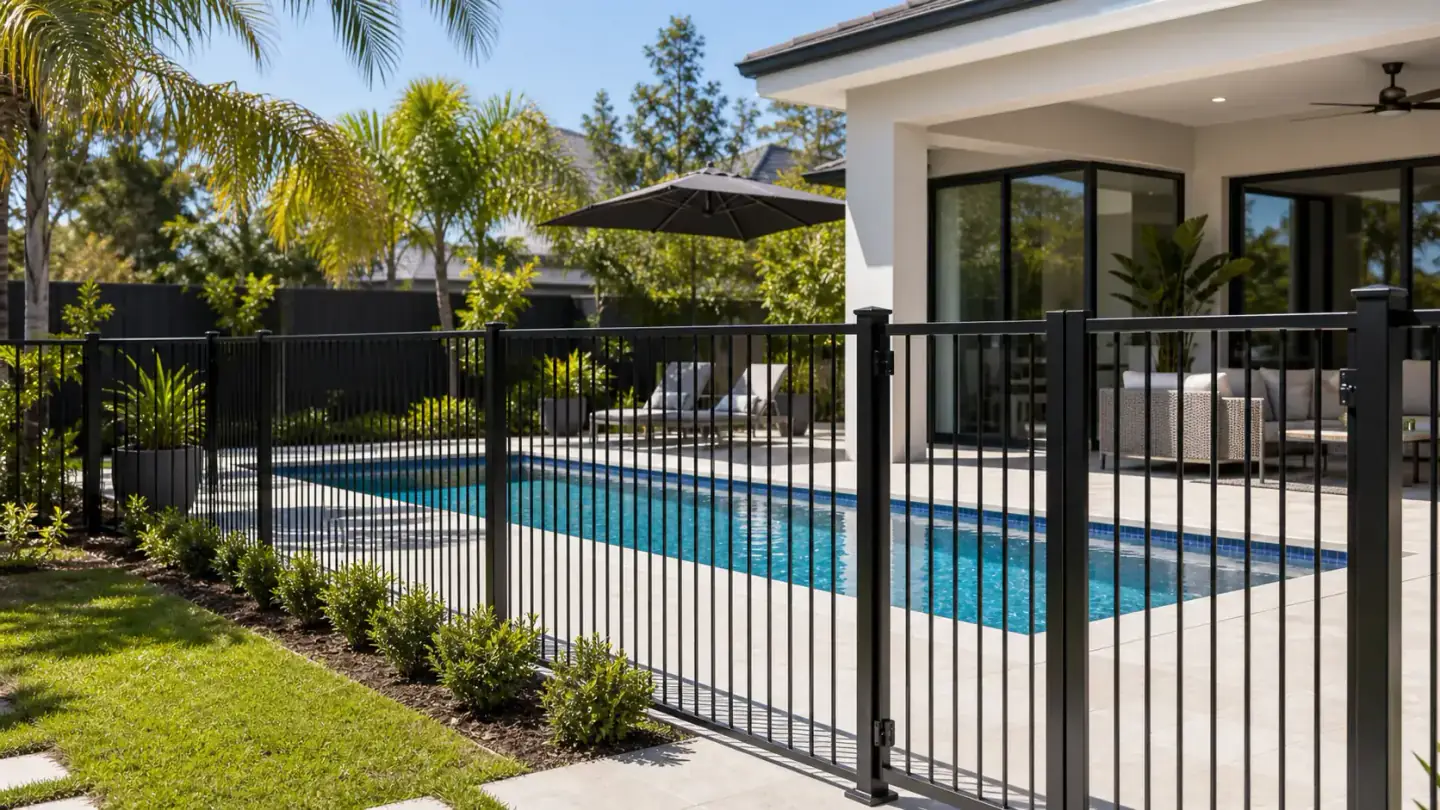 Aluminum pool fence and garden fence around a residential pool