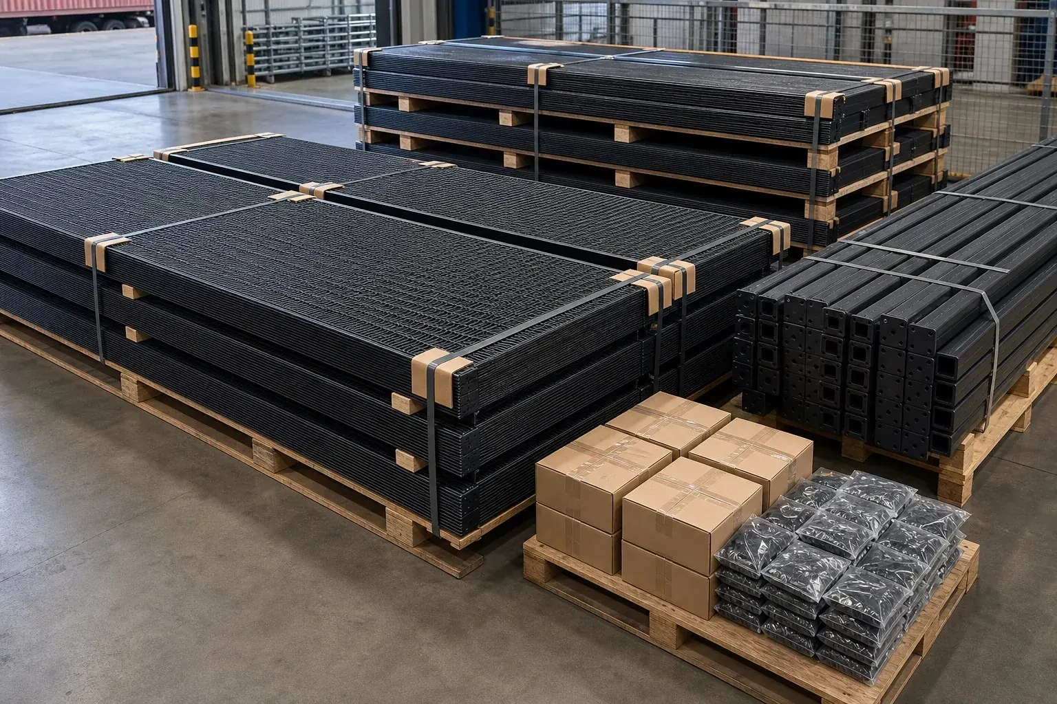 Black 358 anti-climb mesh panels, square posts and fixing cartons packed separately for export