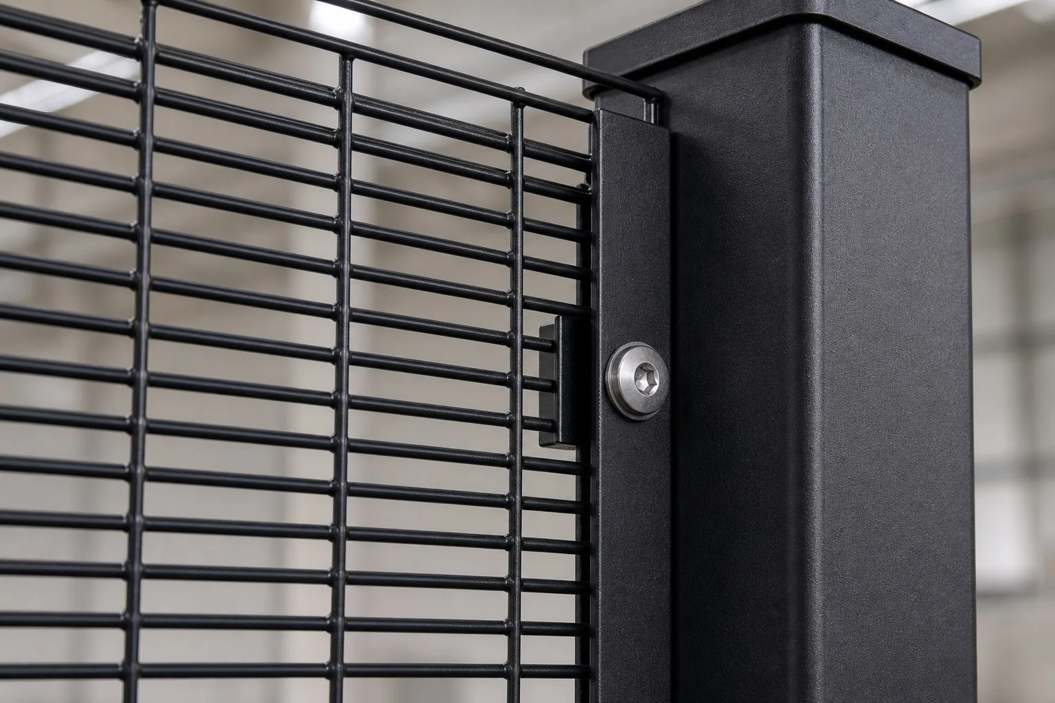 Close view of a 358 mesh panel, clamp bar, square post and anti-tamper bolt