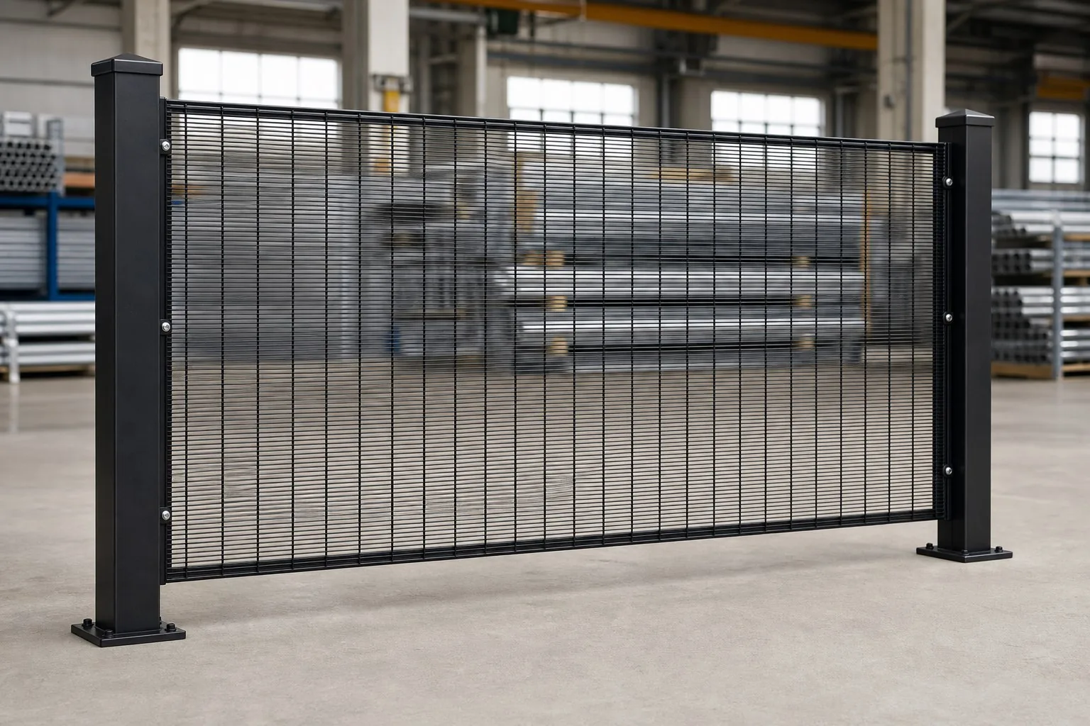 Complete black 358 anti-climb fence panel, posts and fixing system displayed in a factory