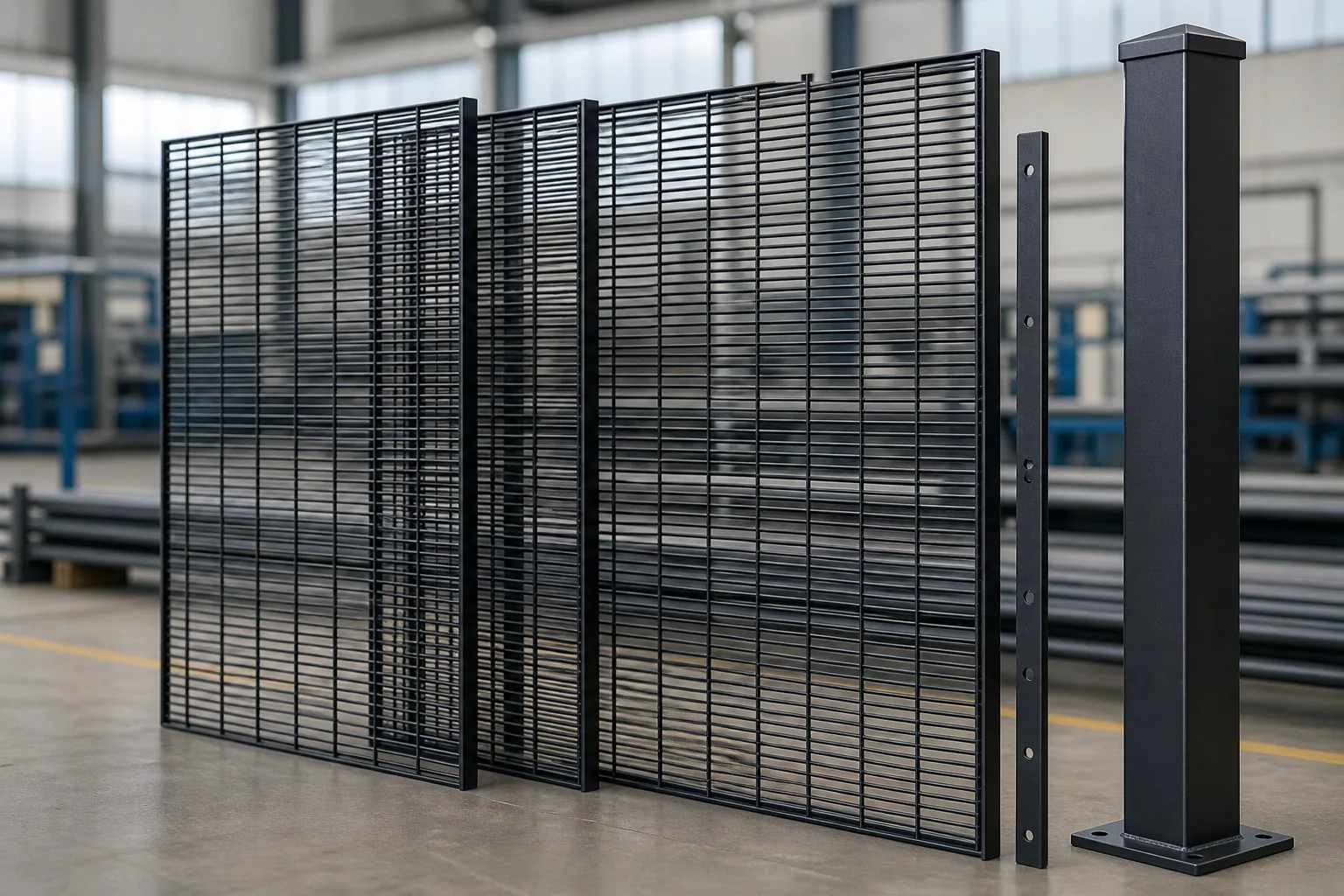 Black 358 welded mesh panels displayed upright for product inspection