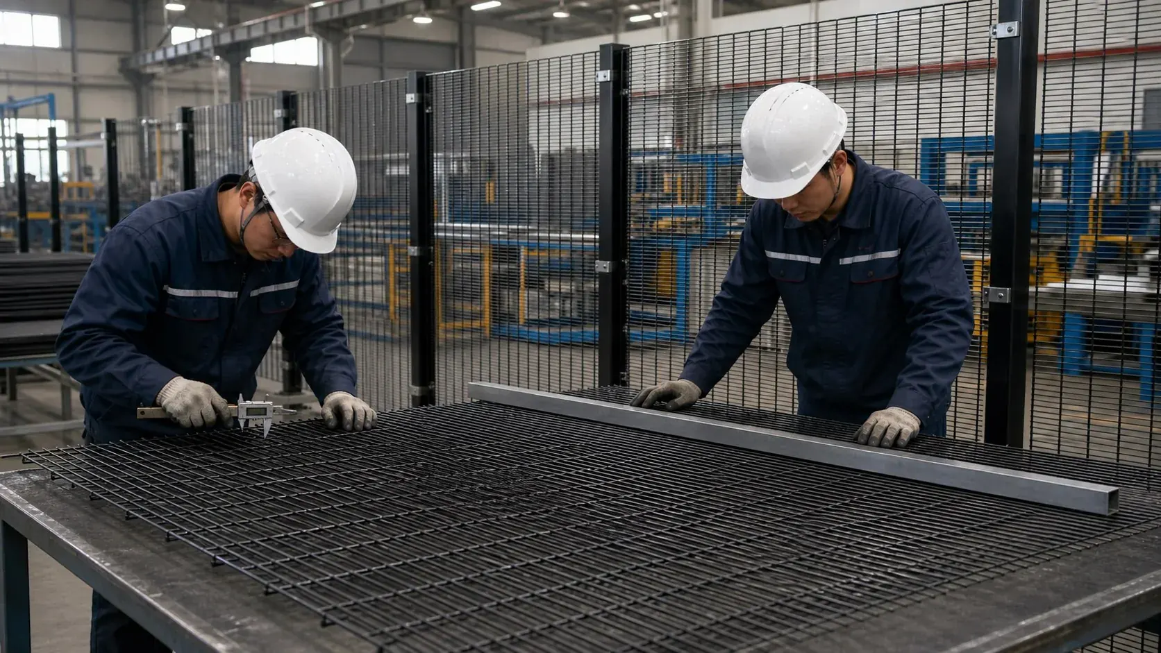Factory inspectors checking wire diameter and flatness on a black 358 anti-climb mesh panel