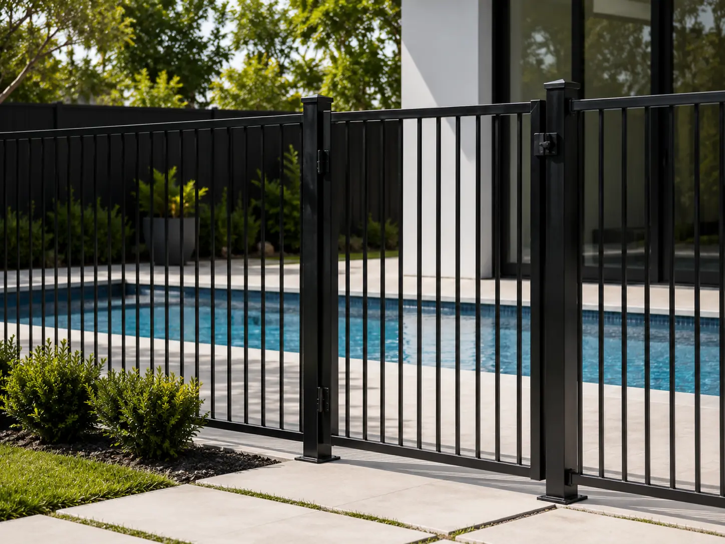 Aluminium pool fence panels and gates installed beside a pool