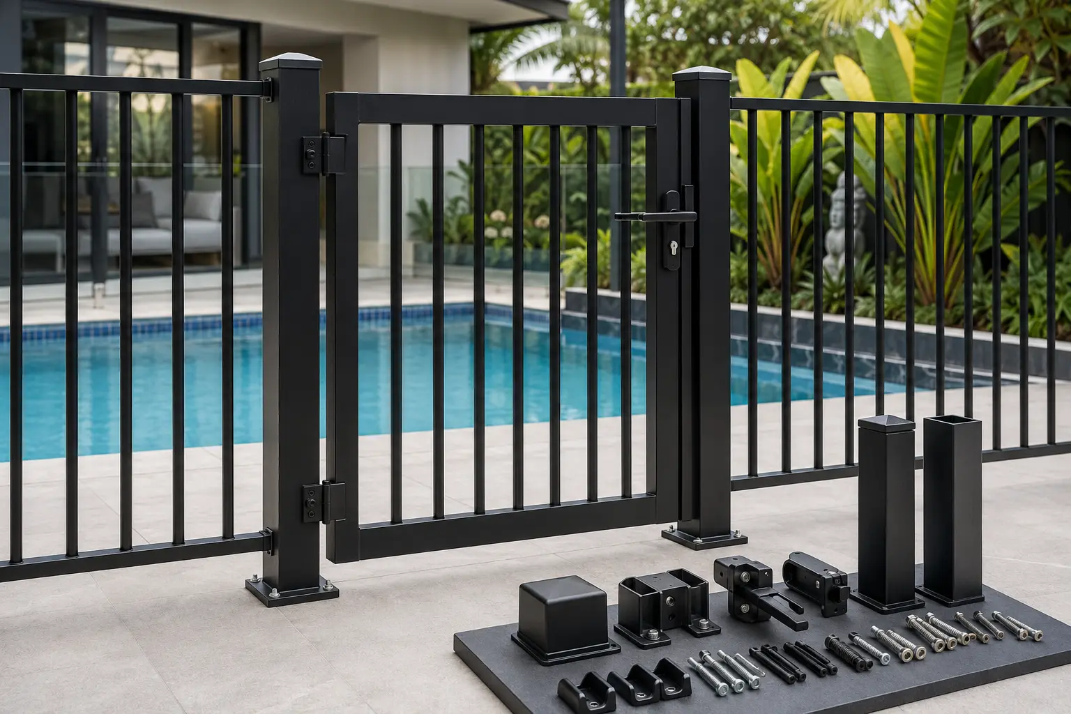 Aluminium pool gate, posts, brackets, screws and hardware displayed as a complete system