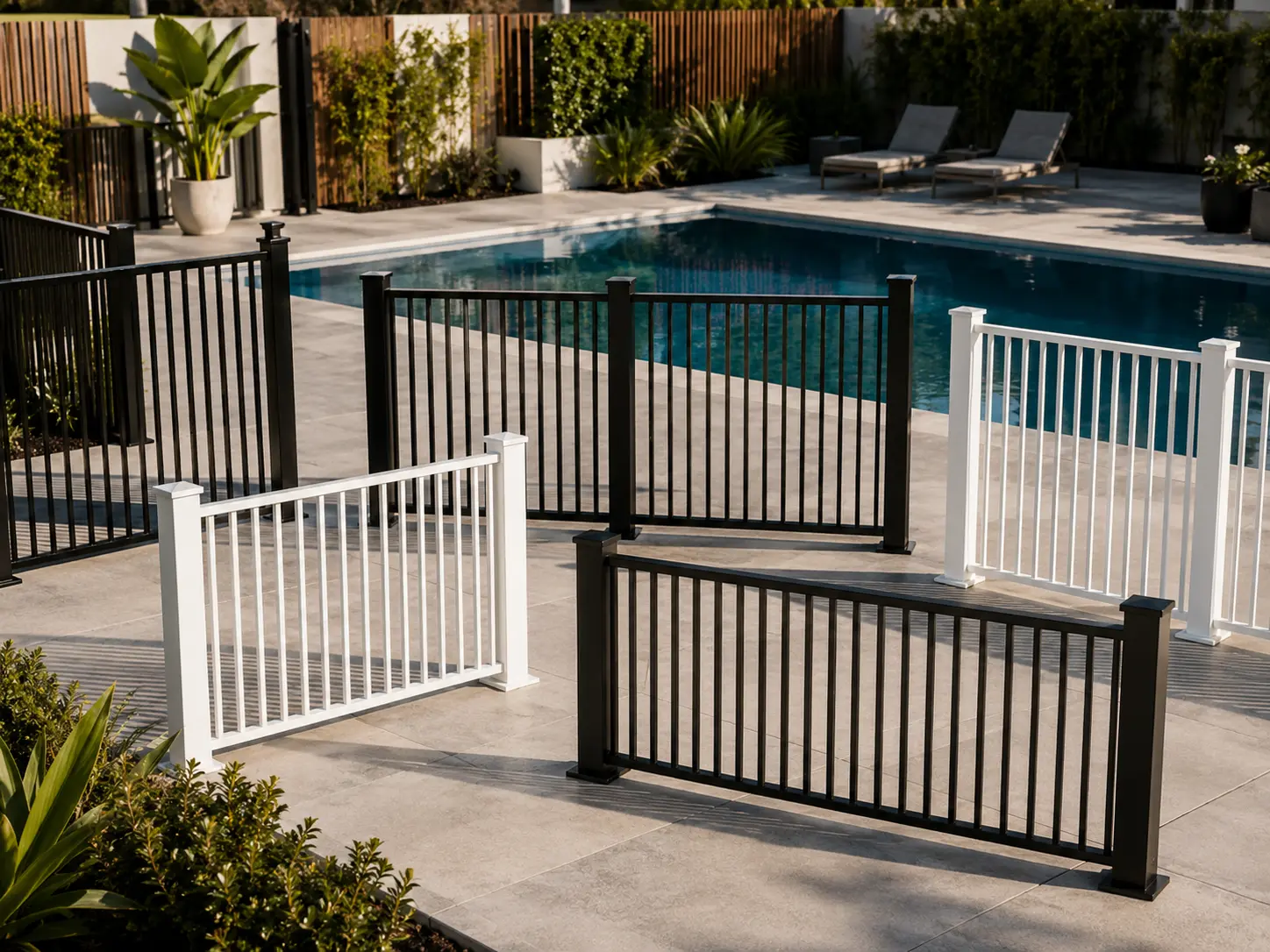 Custom aluminium pool fences in black and white styles around a pool