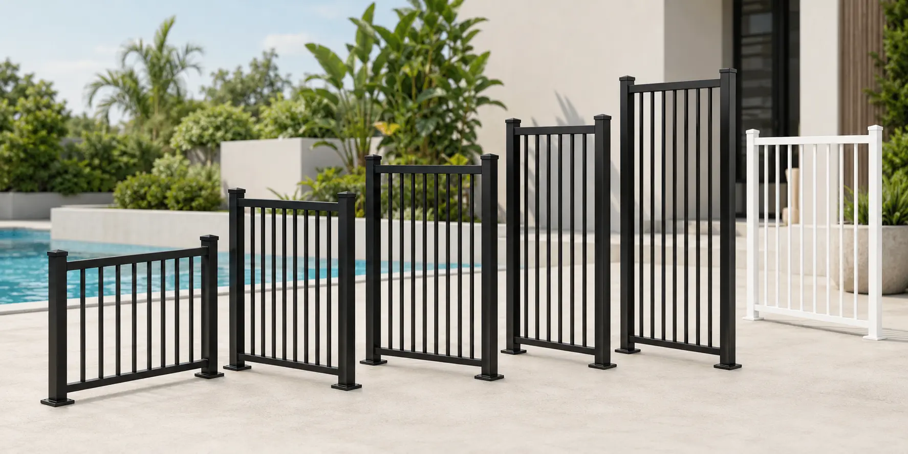 Aluminium pool fence panels in multiple heights and colours