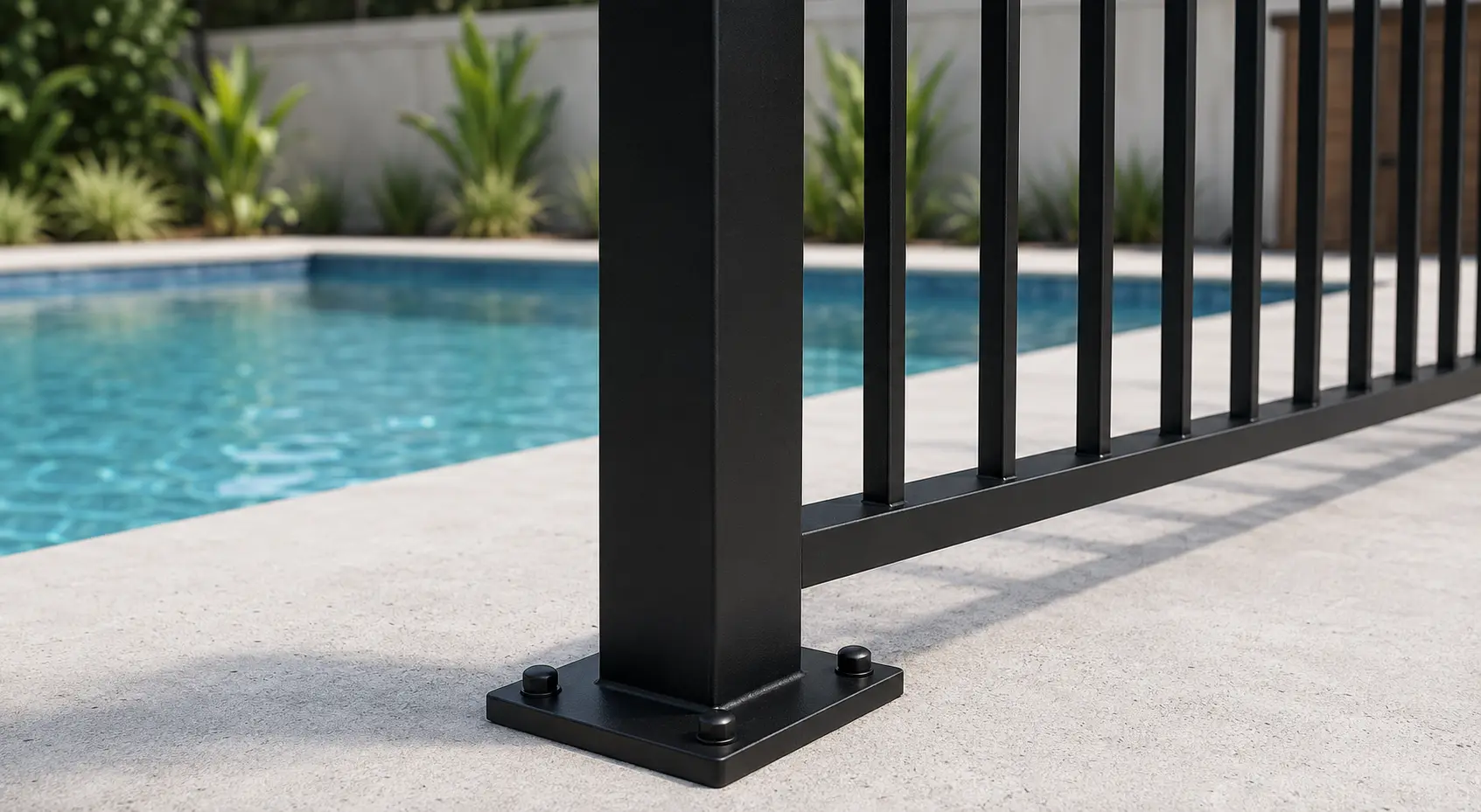 Aluminium pool fence base plate and lower post fixing detail