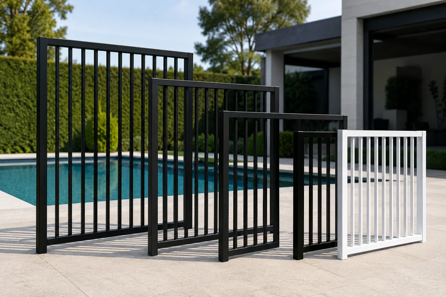 Aluminium pool fence panels displayed for product selection