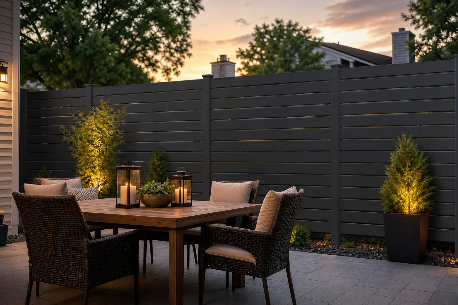 Dark grey aluminum privacy fence panels used behind a backyard dining patio
