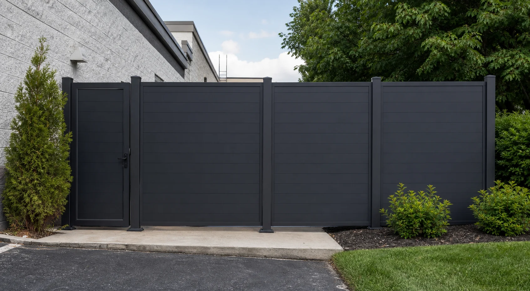 Charcoal aluminum privacy fence panels and matching gate screening a commercial service yard
