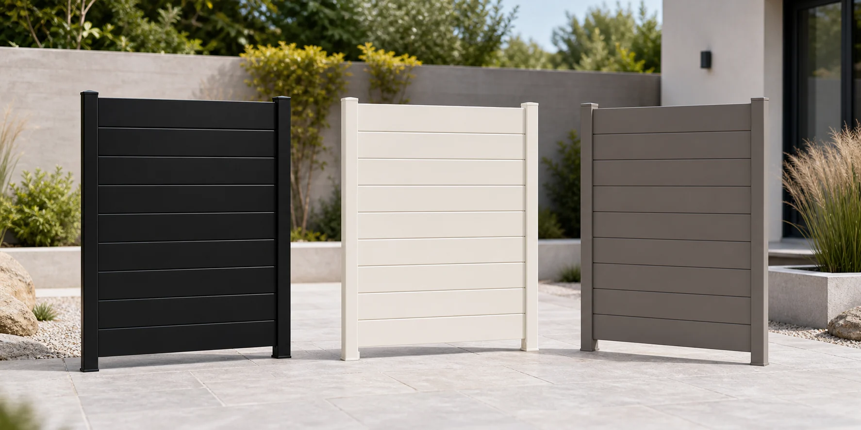 Black white and bronze aluminum privacy fence panel color samples on an outdoor patio