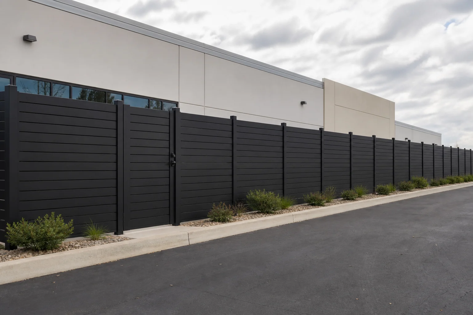 Black aluminum privacy fence panels installed along a light commercial property boundary