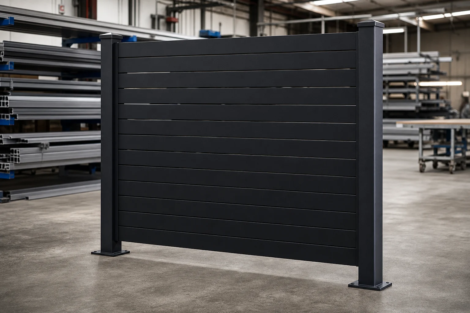 Black aluminum privacy fence panel displayed in a workshop with posts and base plates