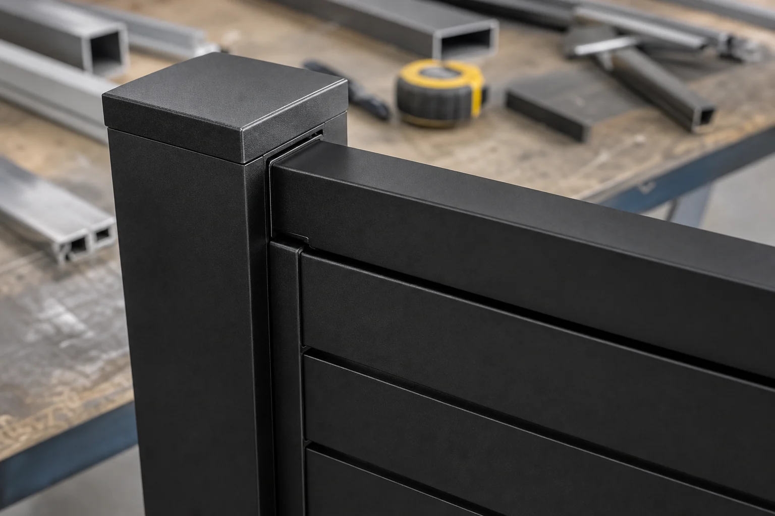 Close view of black aluminum privacy fence rail and horizontal slat connection