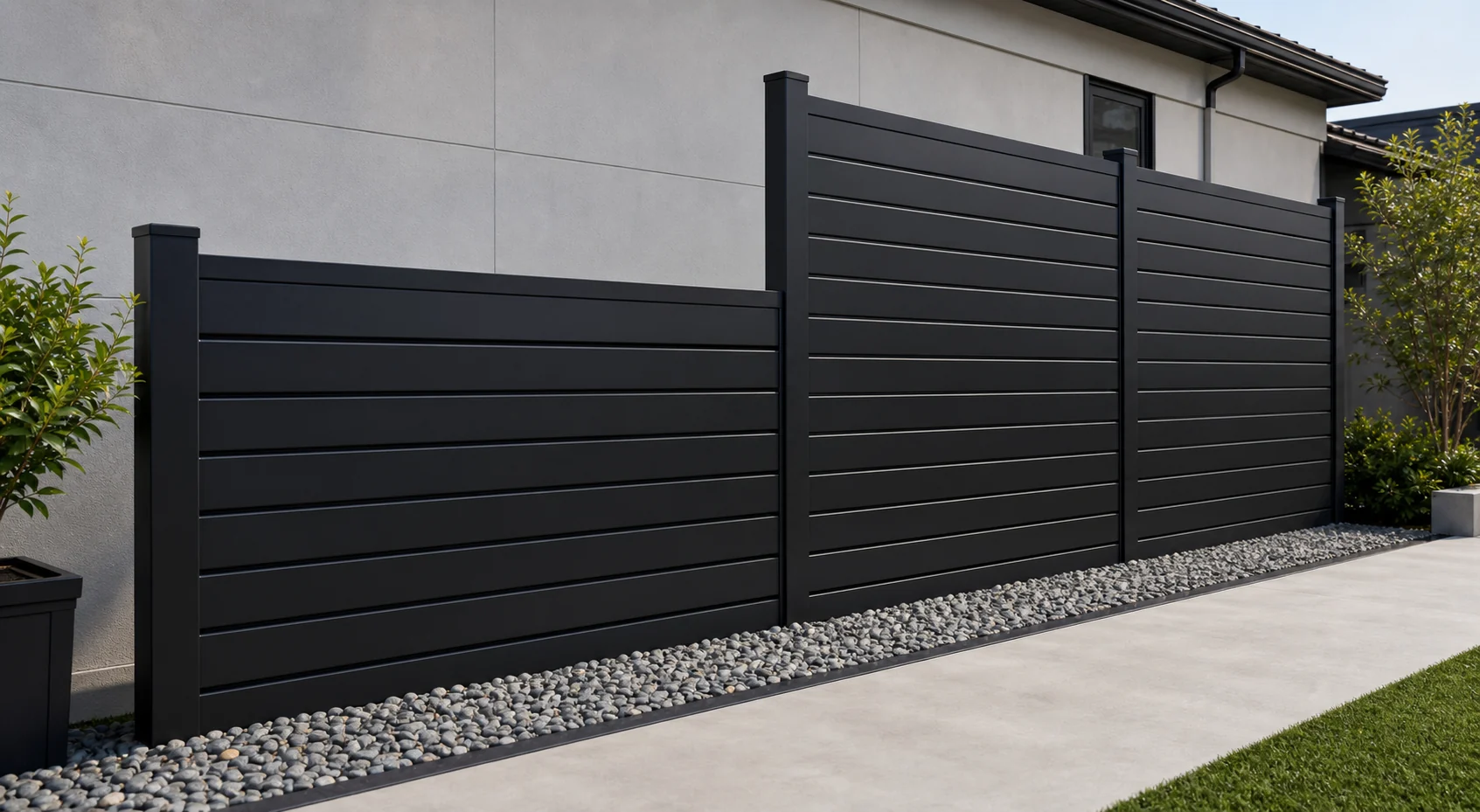 Custom mixed-height black aluminum privacy fence panels beside a residential wall