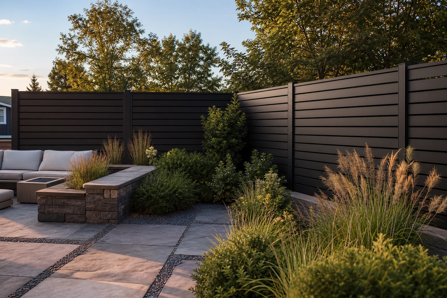Black horizontal aluminum privacy fence panels around a landscaped backyard corner