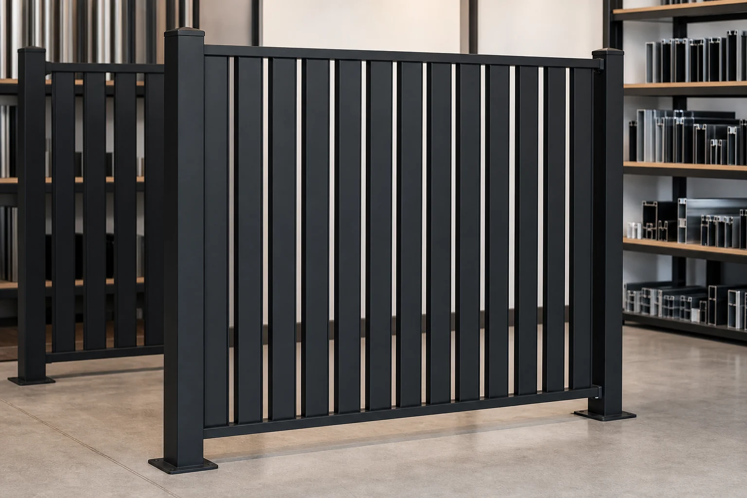 Black semi privacy aluminum blade fence panel displayed in a showroom