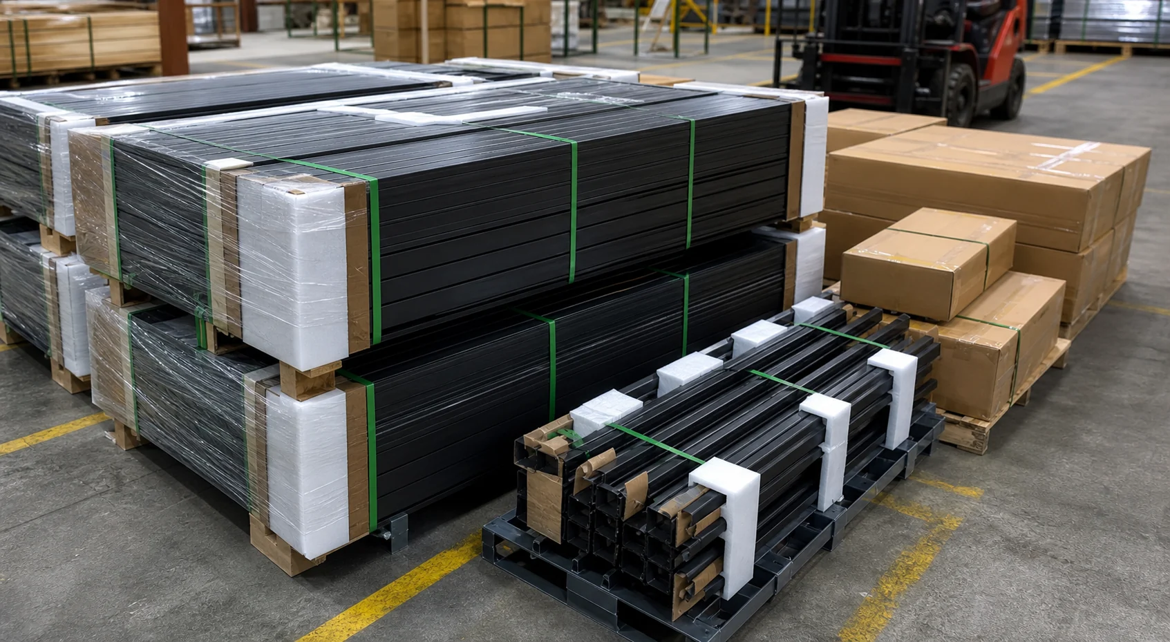 Aluminum privacy fence panels posts and hardware cartons packed for export shipment