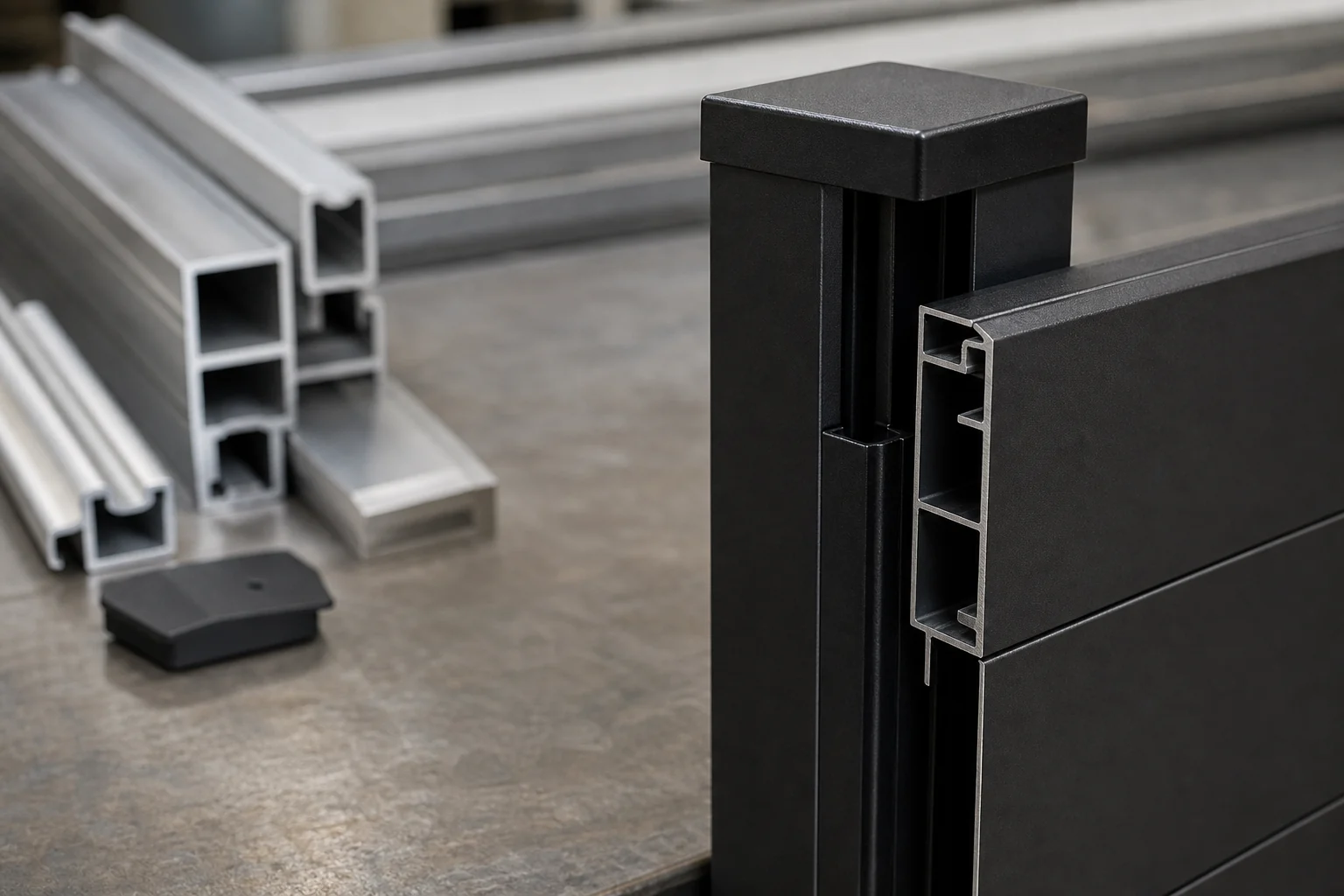 Black aluminum privacy fence slat profile and post channel detail