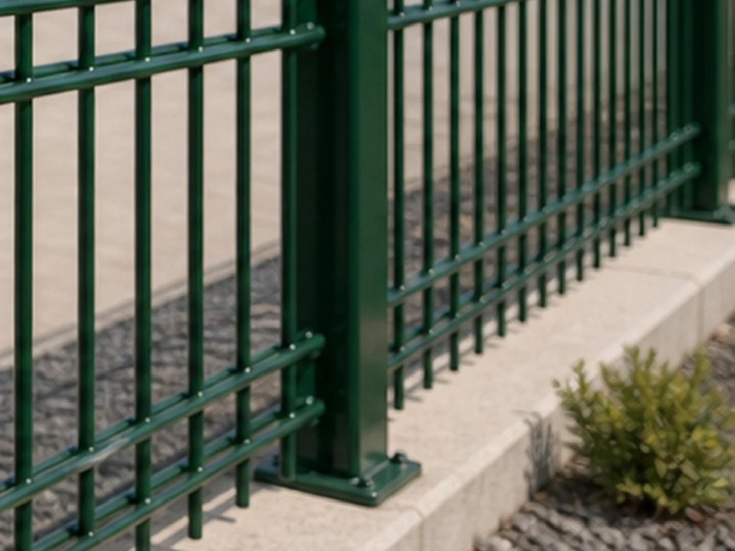 Double wire fence post base plate detail on concrete in an installation scene
