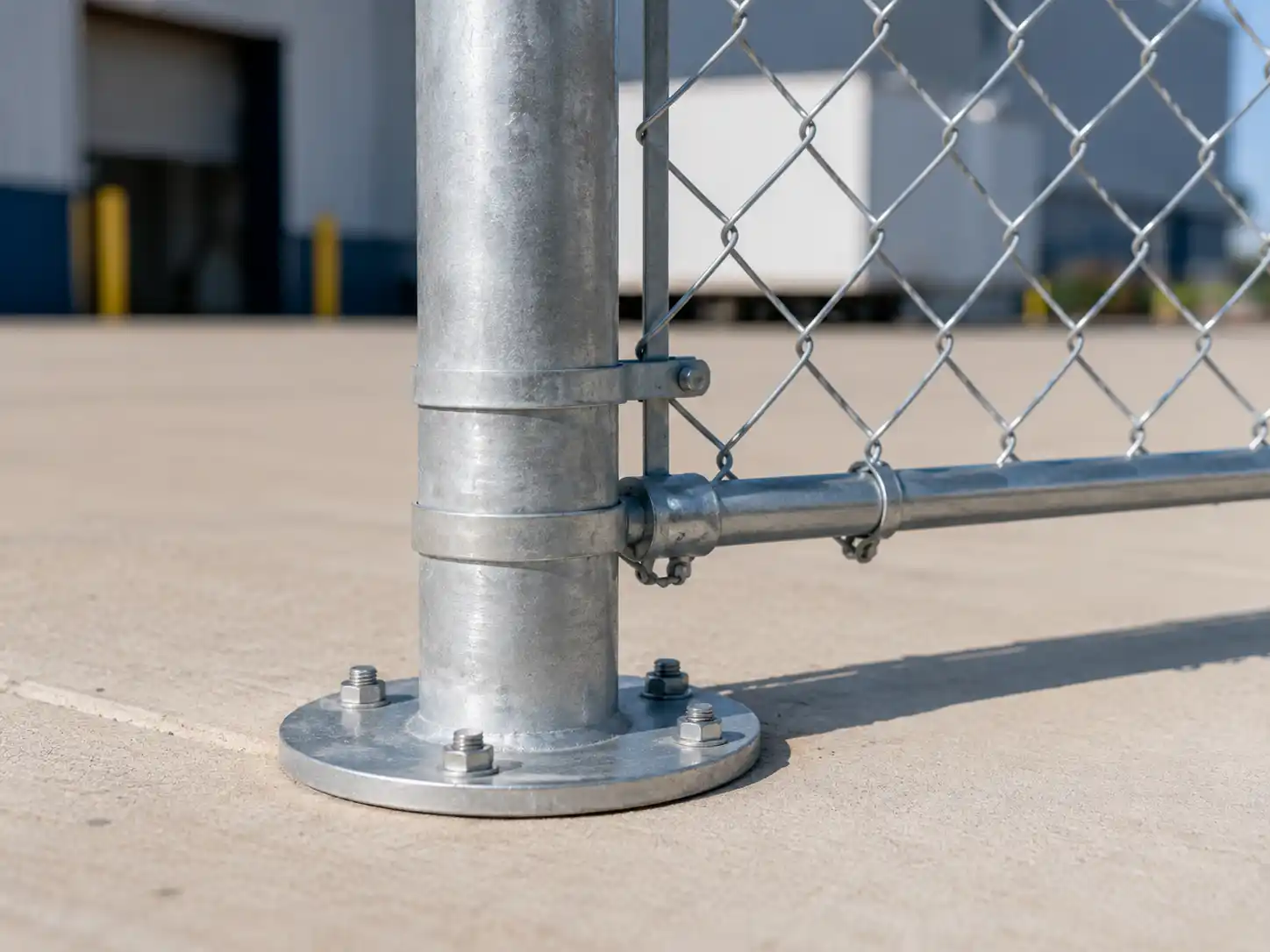 Galvanized chain link fence base and post support detail