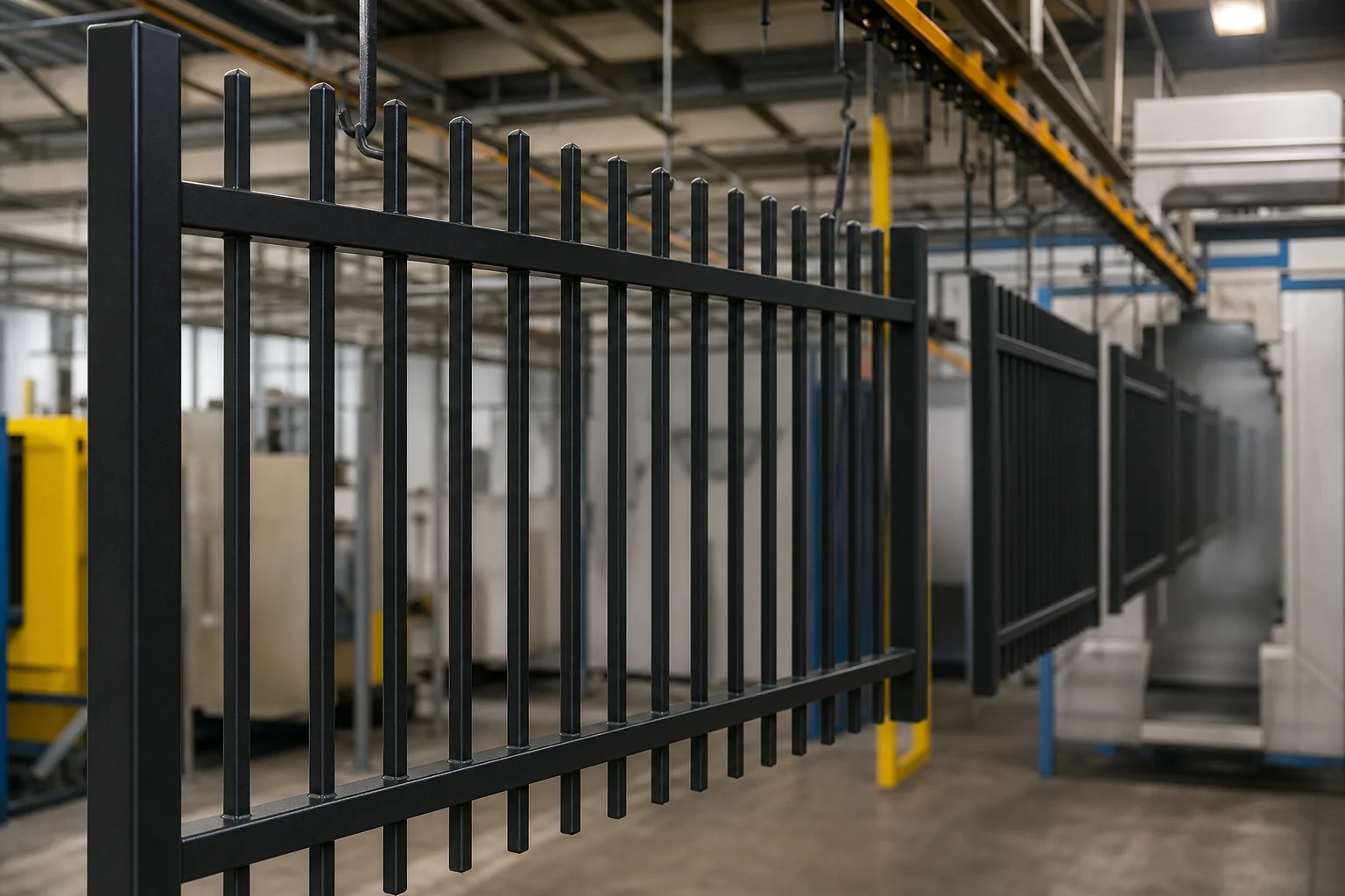 Black powder coated flat top steel fencing finish