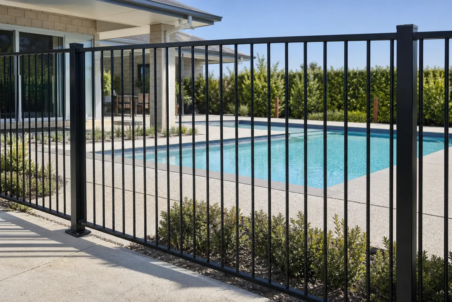 Flat top steel fence panels with vertical pickets and powder coated finish