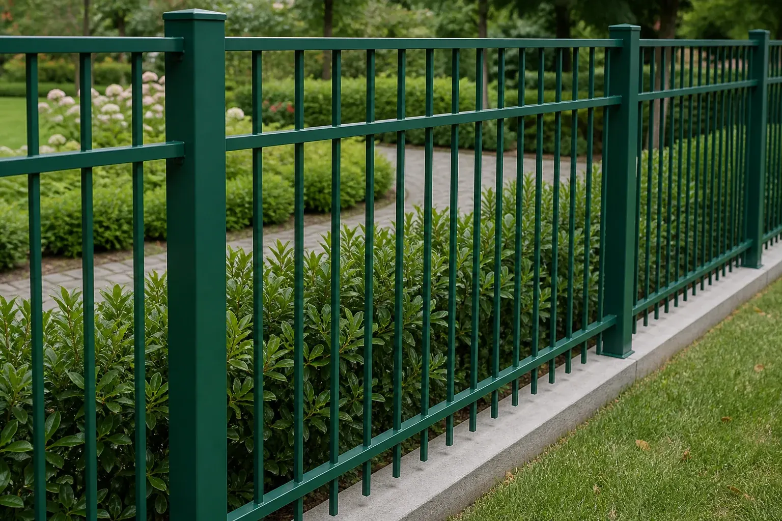Green powder coated steel rod fence panels installed in a landscaped boundary