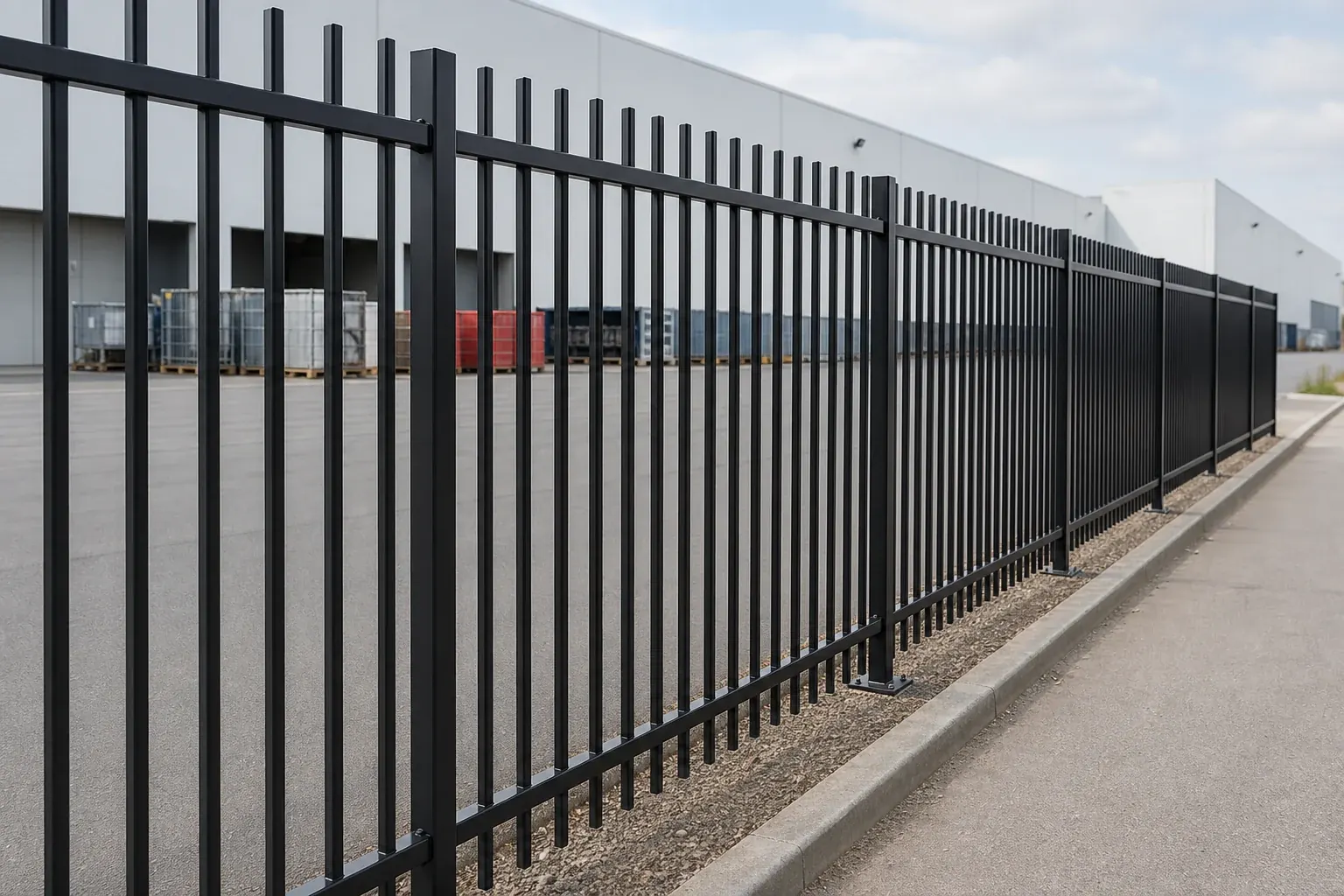 Flat top steel fence panels installed along a commercial perimeter