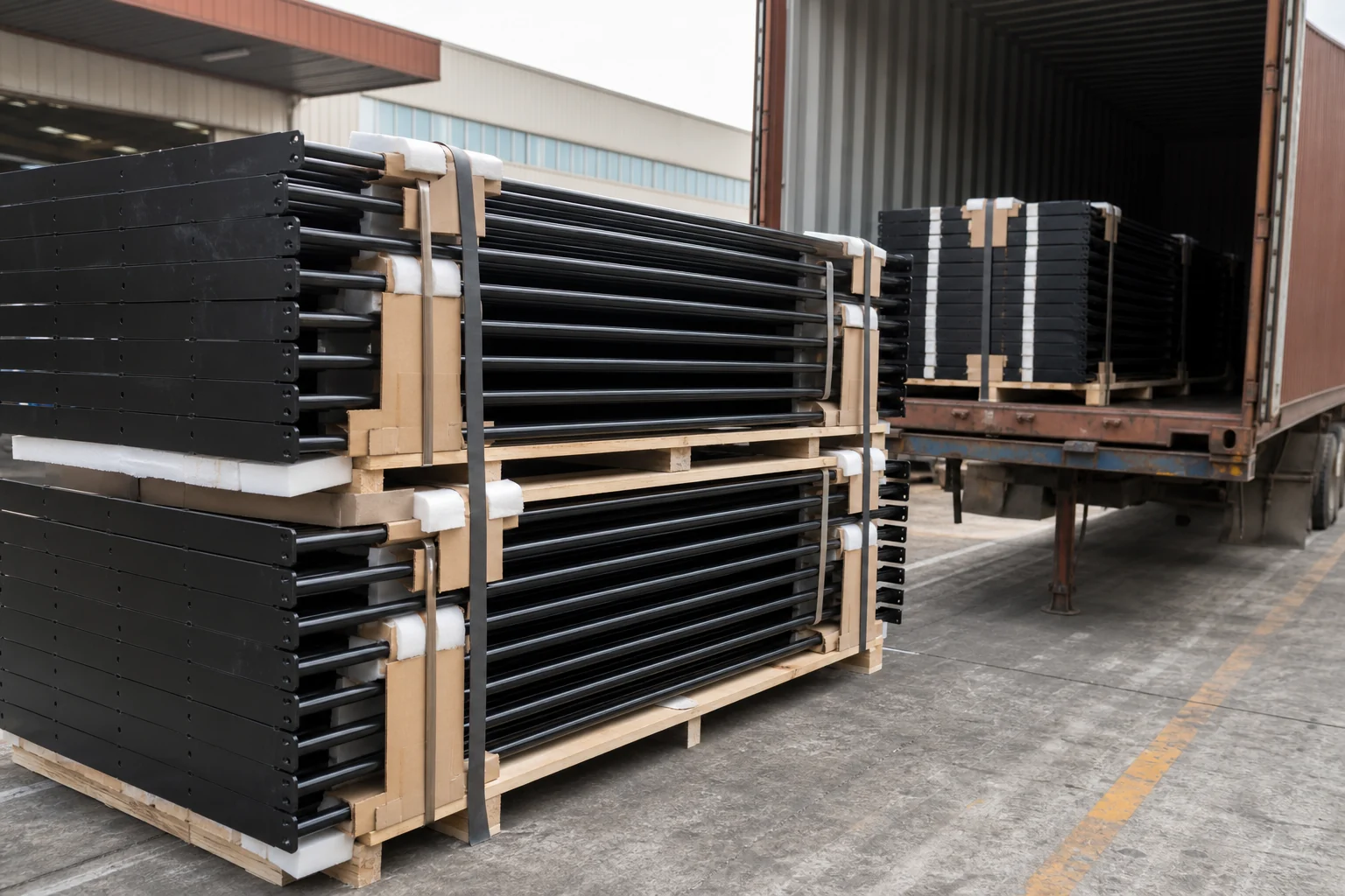 Packed steel rod fence panels ready for container loading
