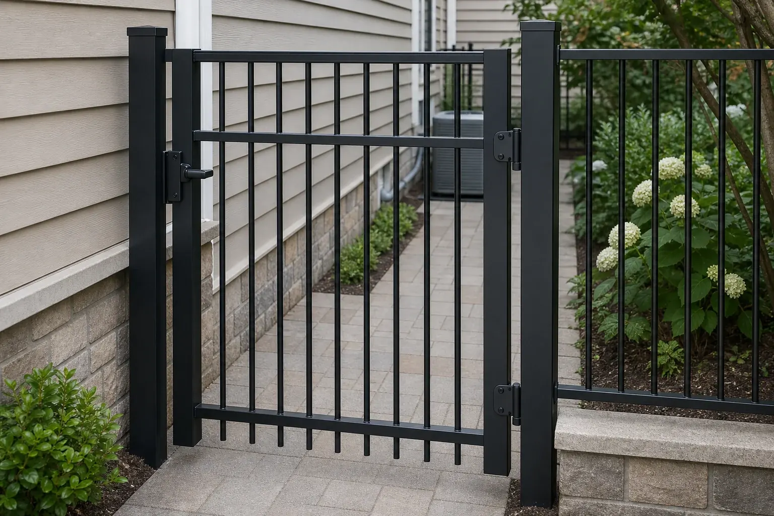 Flat top steel fence gate with matching posts