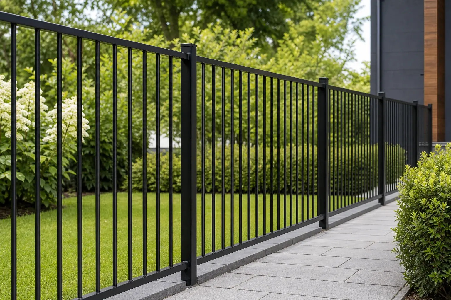 Flat top steel fence panel run showing posts, top rail, bottom rail and vertical pickets