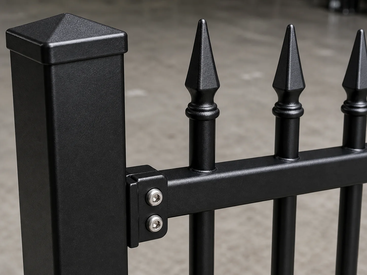 Close-up of black powder coated steel spear top fence surface on grey workshop background