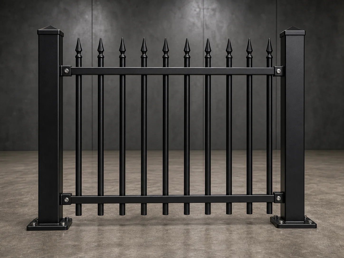 Black spear top steel fence panels with vertical pickets and square posts on grey concrete background