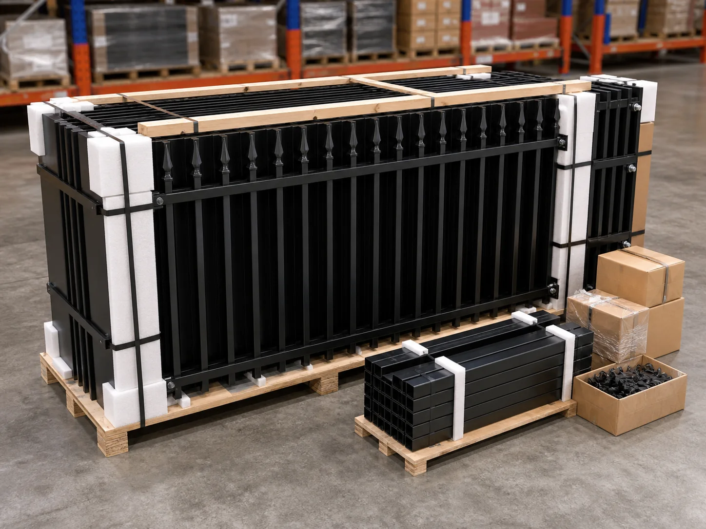 Bundled black steel spear top fence panels prepared for export packing in warehouse