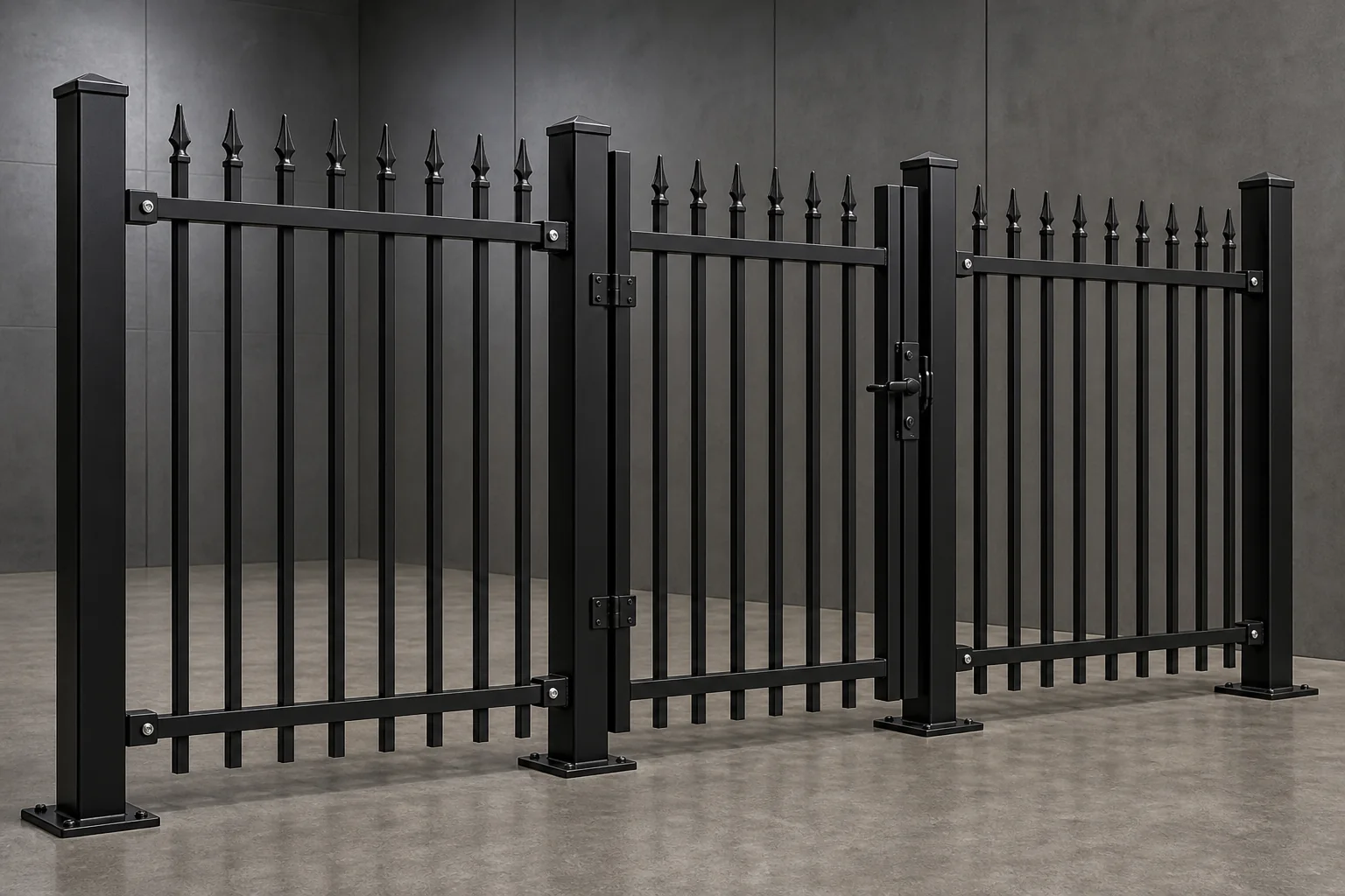 Black steel spear top fence gate matched with fence panels
