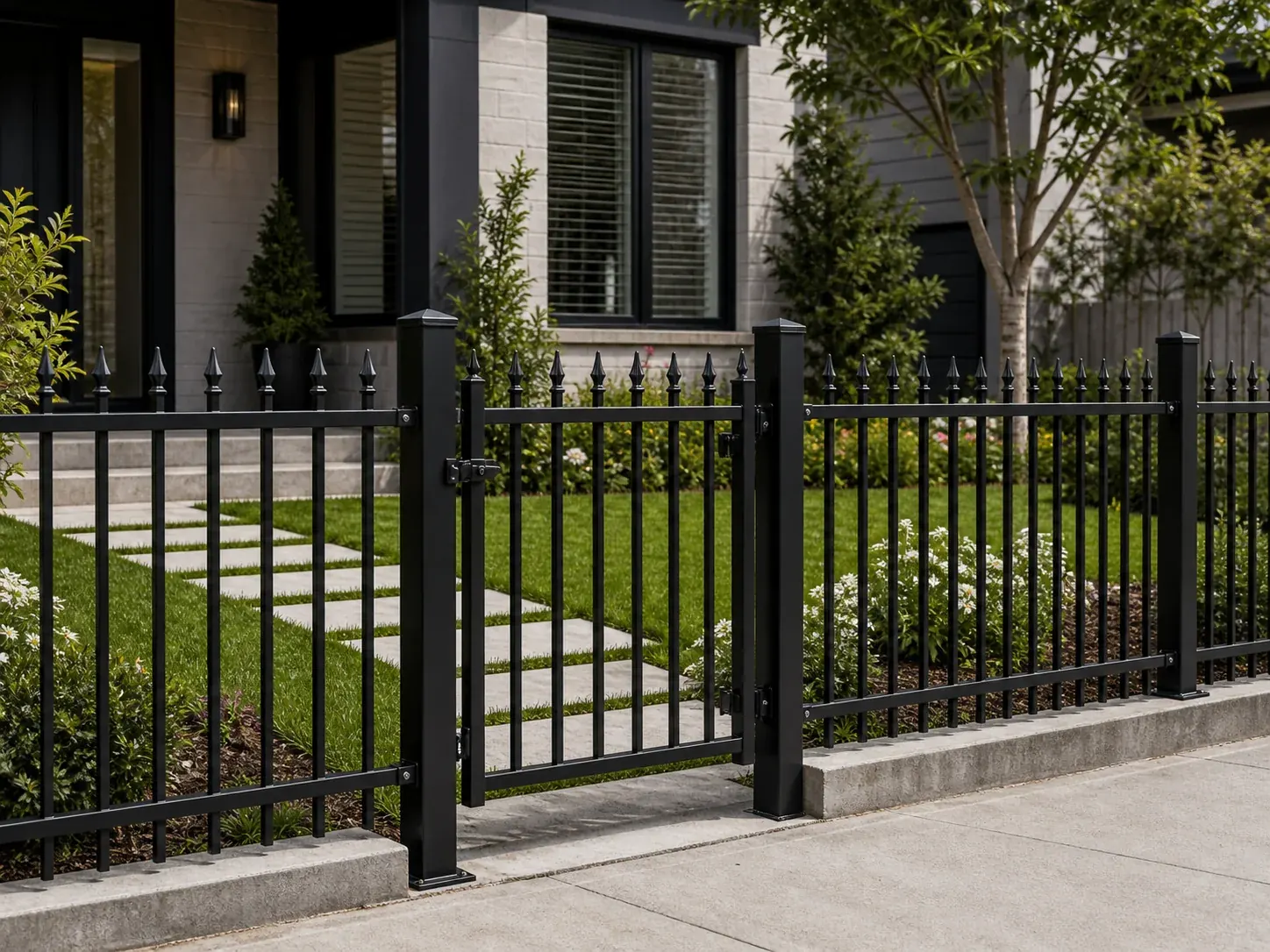 Steel fence project boundary with posts and open vertical pickets
