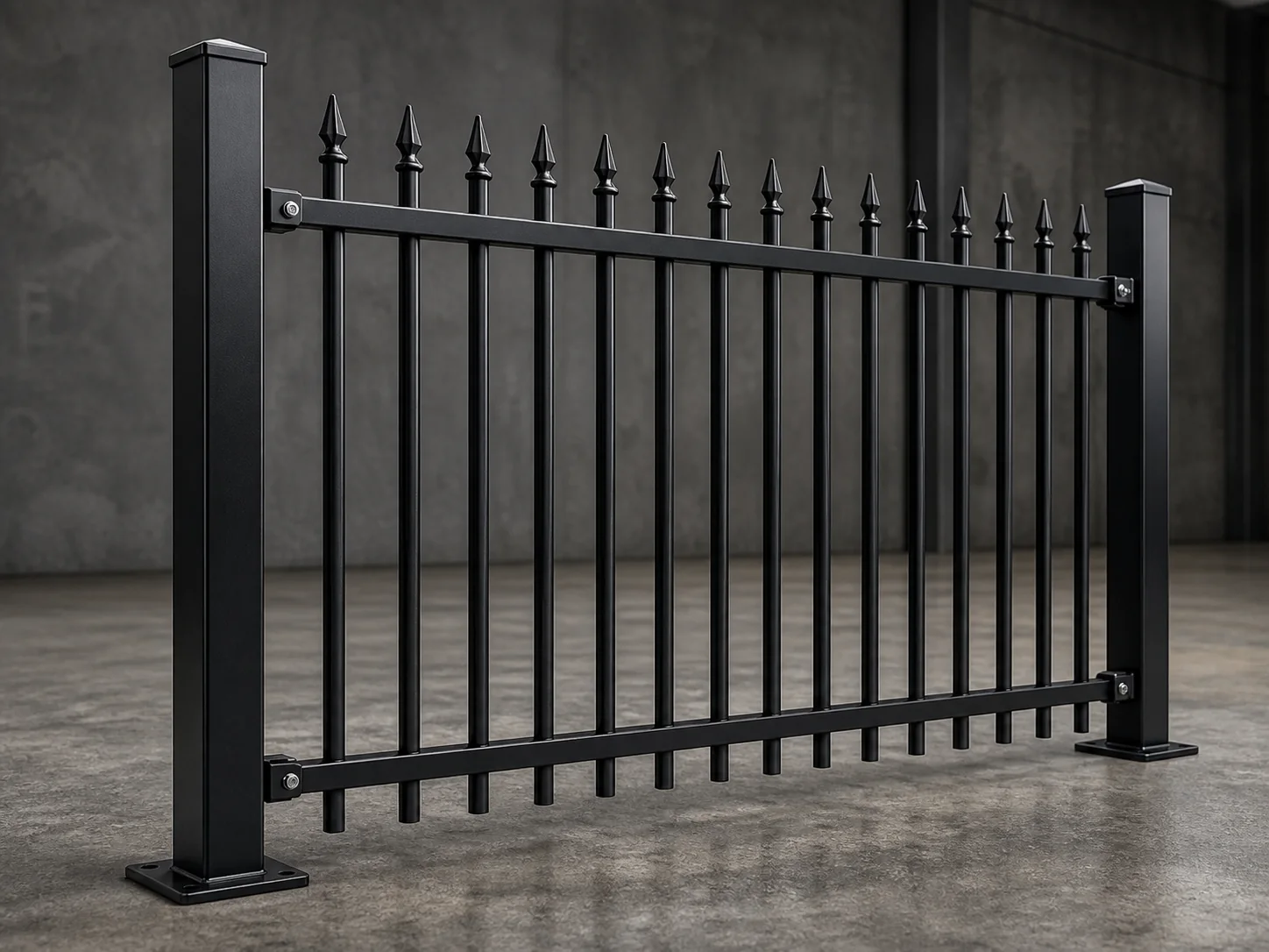 Side angle product photo of black steel spear top fence panel on grey concrete background